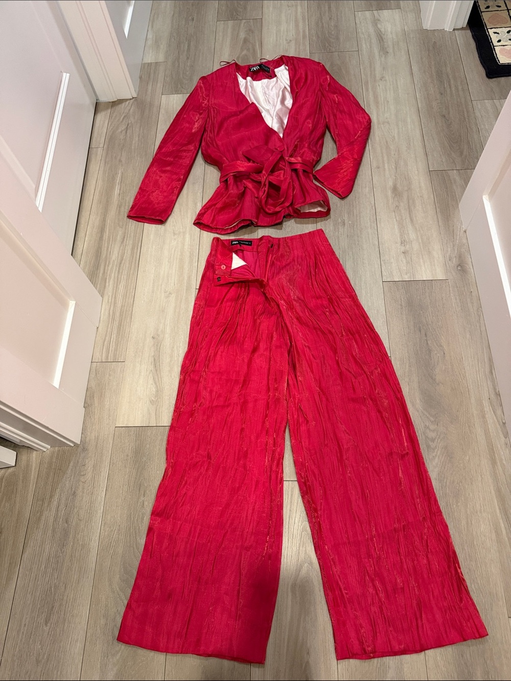 Zara Bright Red Wrap Jacket with Matching Wide-Leg Pants